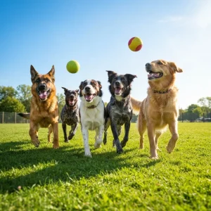 Dogs running across a lawn after tennis balls