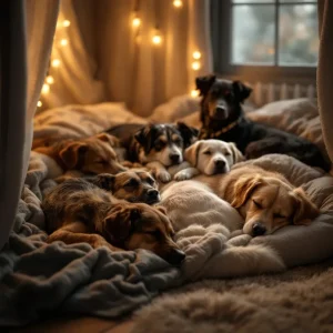 Dogs asleep together on blankets